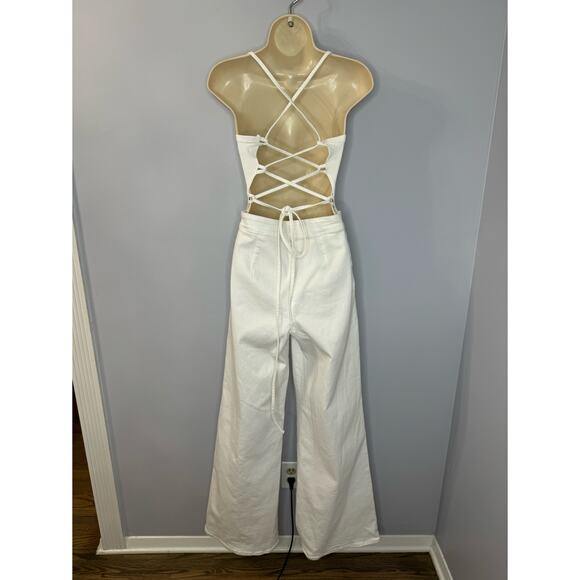 Good American Vacay Denim Jumpsuit Wide Leg Lace up BackTie Back White Sz 2 - Picture 4 of 12